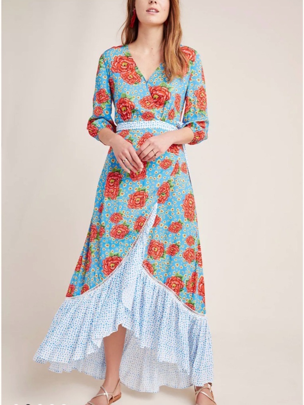 Farm Rio for Anthropologie Susanne Wrap Maxi Dress with Red Floral‎ Print